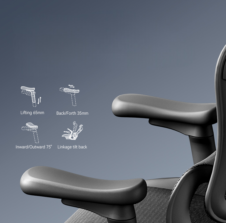 Integrating up/down,forward/backward adjustment, angle rotation and tilt linkage adjustment functions, matching different support positions to better cater for a full day's work.