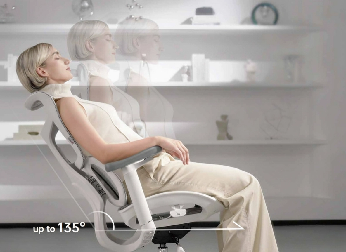 Whenever you require a brief respite, you can relax in Sihoo Doro S100, featuring a recline angle of up to 135° for maximum comfort.