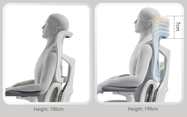Whether you're150 cm or190 cm tall, the backrest's upper section can be customized in five levels for personalized shoulder and neck comfort.
