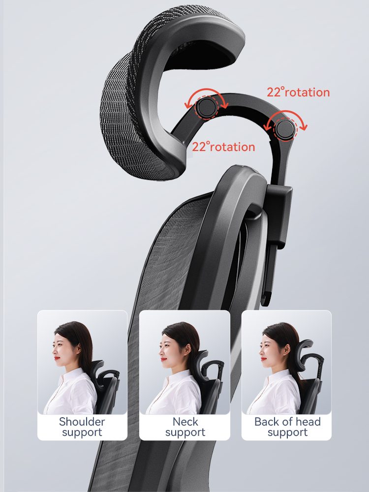 Supports shoulders, neck, and back of the head Provides support for leaning forward during work and self-adjustment forreclining during short breaks.