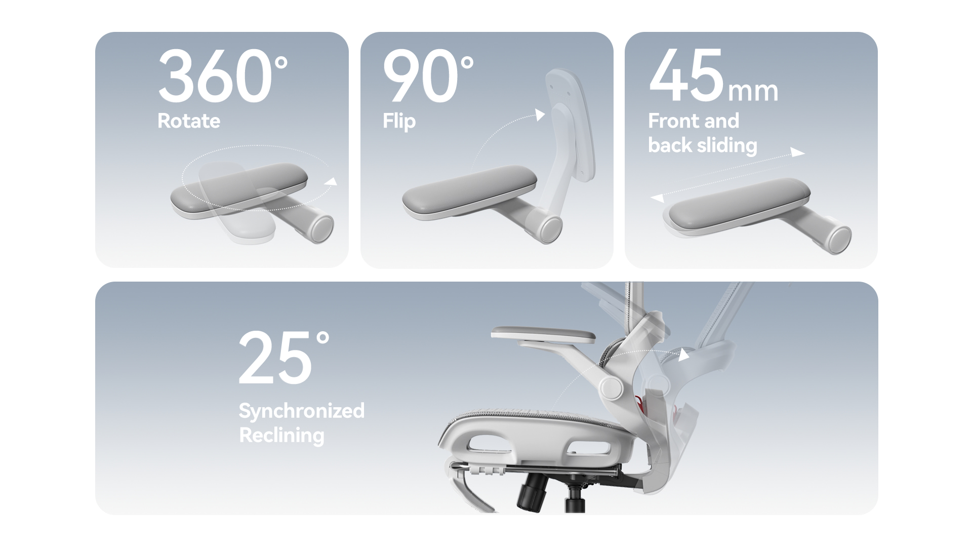Budget ergonomic chair with adjustable 2D or 3D armrests